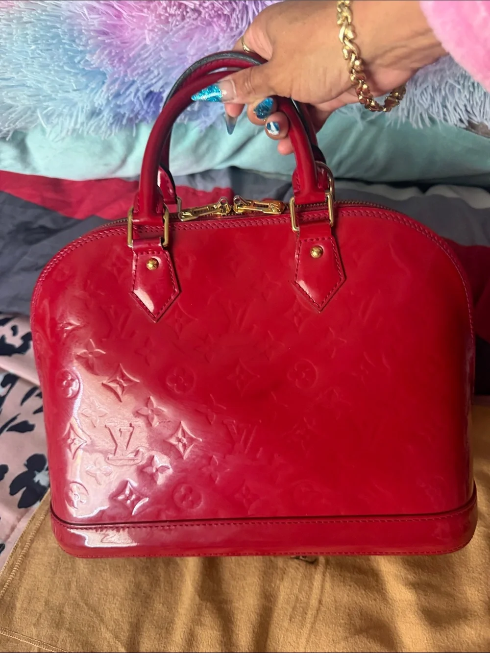 Louis Vuitton Red Patent Alma Pm Satchel with Gold Hardware